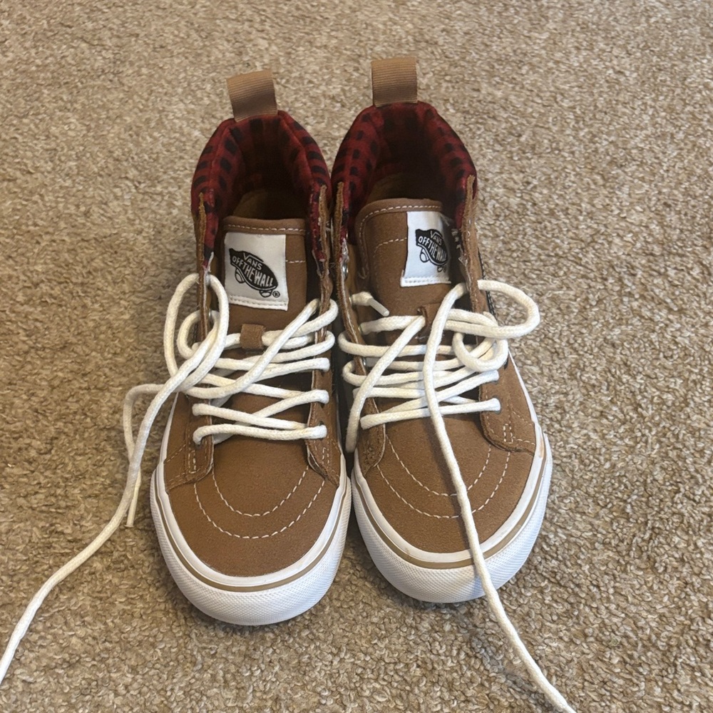 Vans Kids Tan High-Top Sneakers with Red Plaid Lining